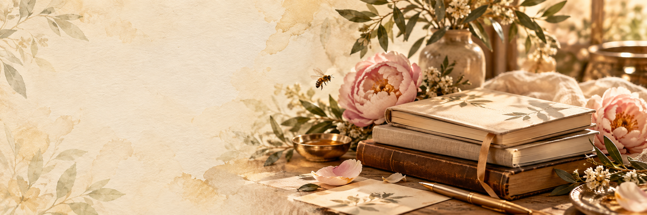 Livros, cadernos e flores em um cantinho acolhedor da Colmeia